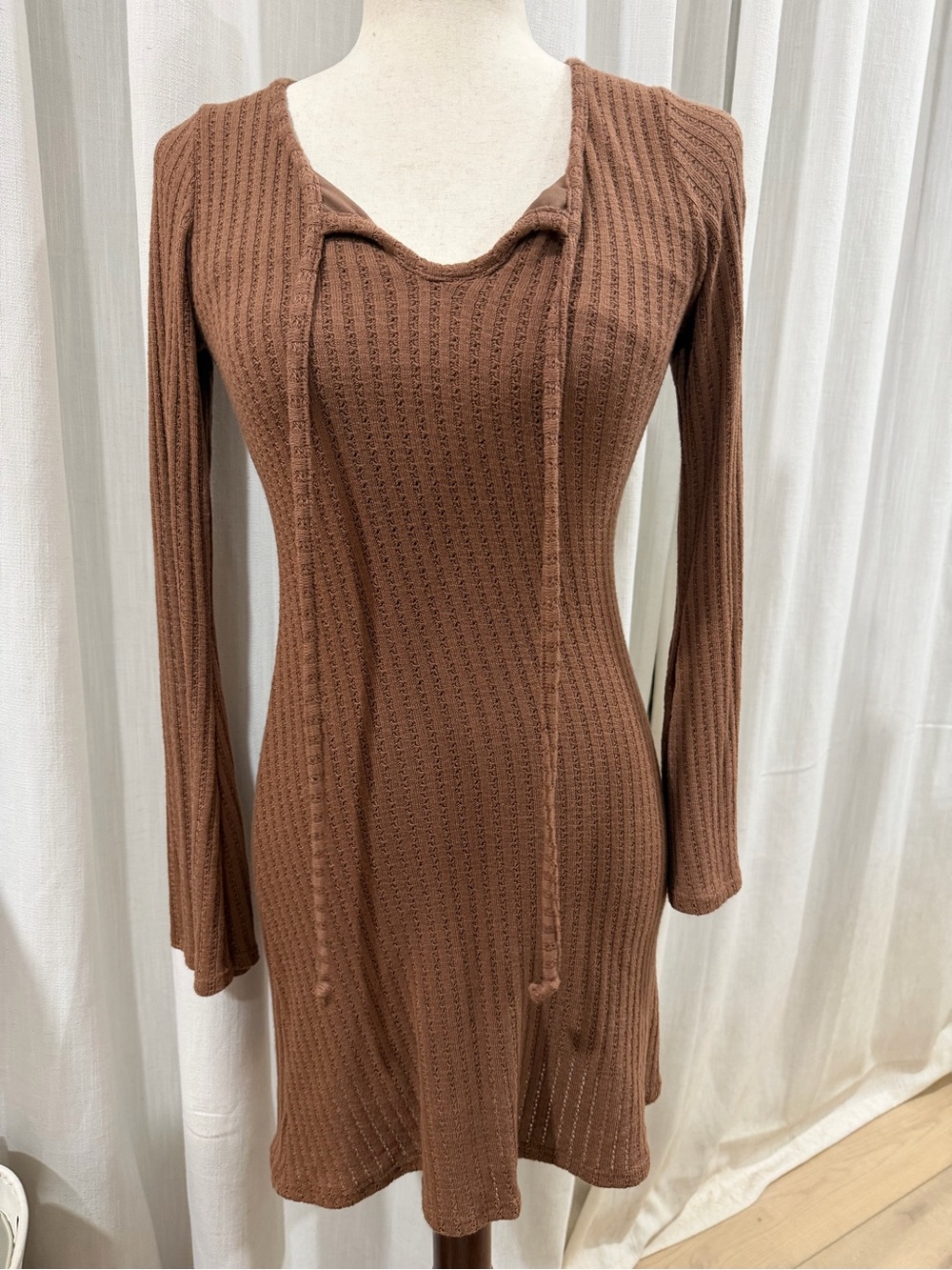 See You Monday Tie-Detail Long Sleeve Dress in Brown